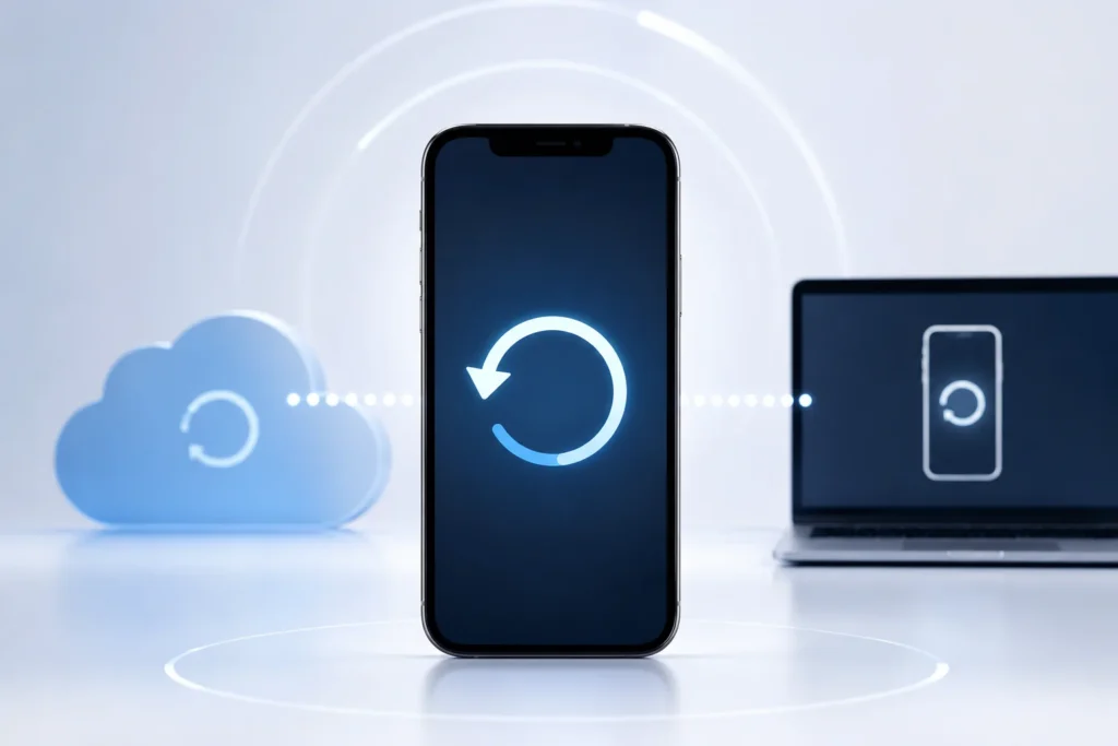 iPhone Backup wiederherstellen Illustration mit iCloud- und Computer-Synchronisation, modernes Smartphone mit Restore-Icon für sichere iPhone Datenwiederherstellung