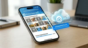 iPhone zeigt Datenwiederherstellung von Fotos aus dem iCloud-Backup mit blau-weißem UI-Design