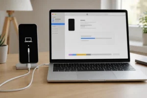 iTunes Backup wiederherstellen iPhone über MacBook mit verbundenem Gerät Schritt für Schritt