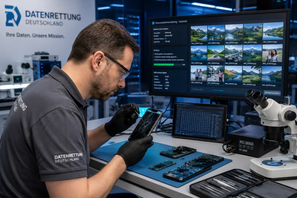 Professional technician performing smartphone data recovery and repair in a digital forensic laboratory