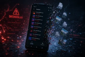 Beschädigtes Android Smartphone mit gelöschten Dateien und Datenverlust Symbolen