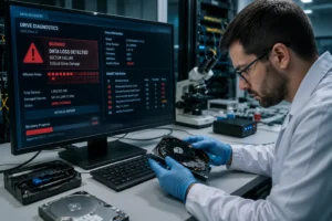 Defekte Festplatte mit Datenverlust Warnung am Computer