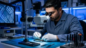 Techniker analysiert Smartphone-Mainboard zur professionellen Datenrettung.